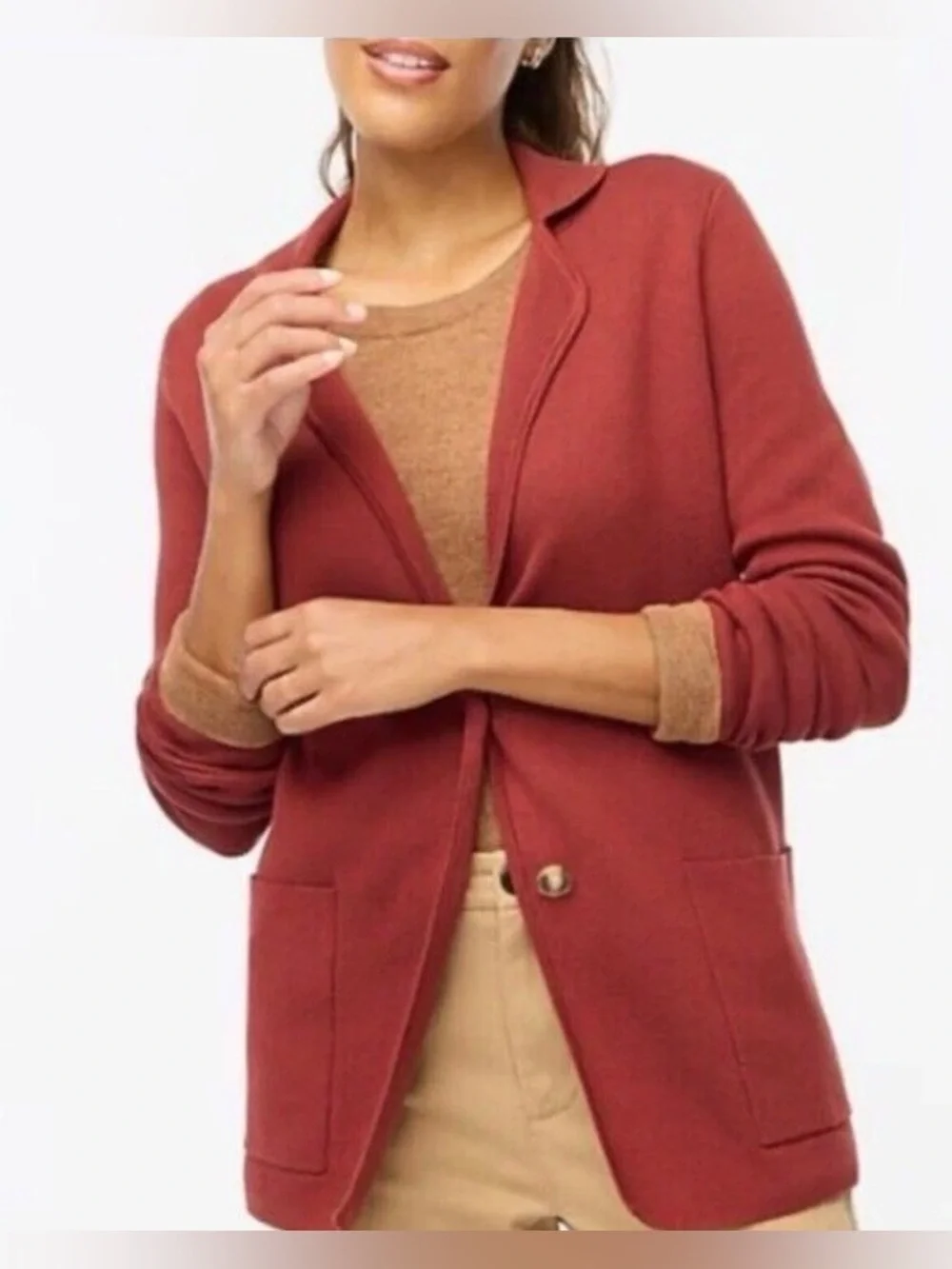 J.Crew Red Knit Blazer Cardigan Small Preppy Coastal Chic Minimalist Cotton H45